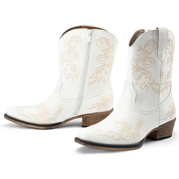 🆕White Women's Cowboy Cowgirl Western Ankle Boots Faux Leather Chunky Low Heels - Picture 4 of 7